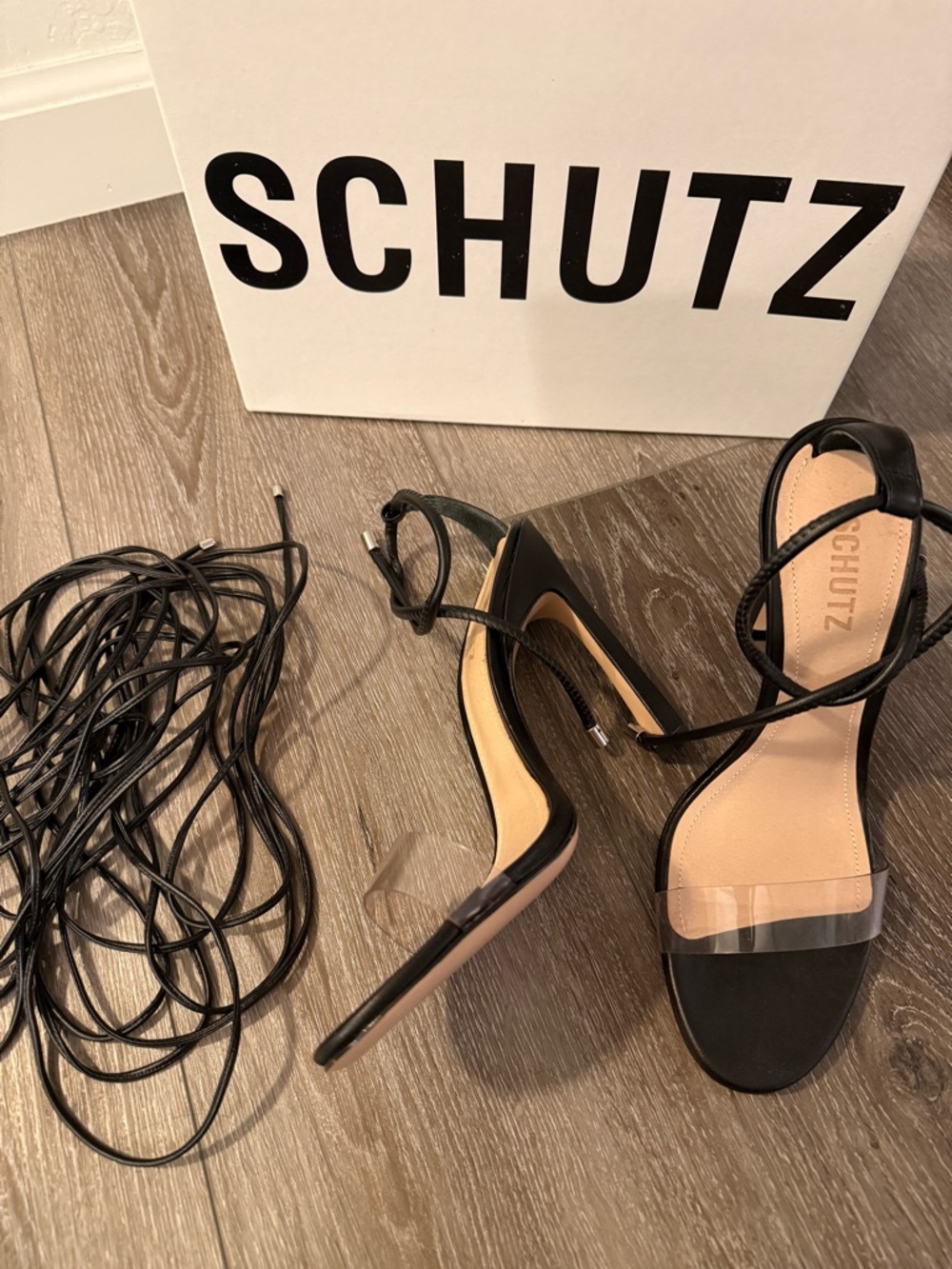 New Schutz Jessie Black Lace Up Ankle Tie Strappy Sandal Heels Size 9
